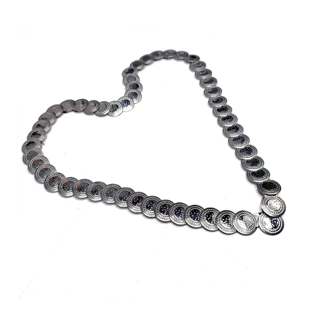 Vintage Medallion Coin Link Elastic Statement Belt In Silver Tone